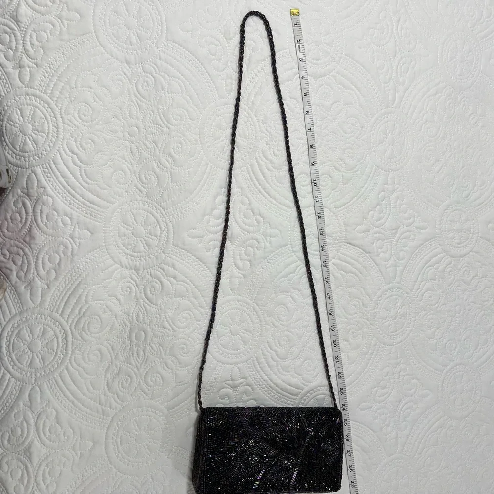 VTG Black Iridescent Beaded Evening Bag Clutch/Crossbody Purse 90s multi color